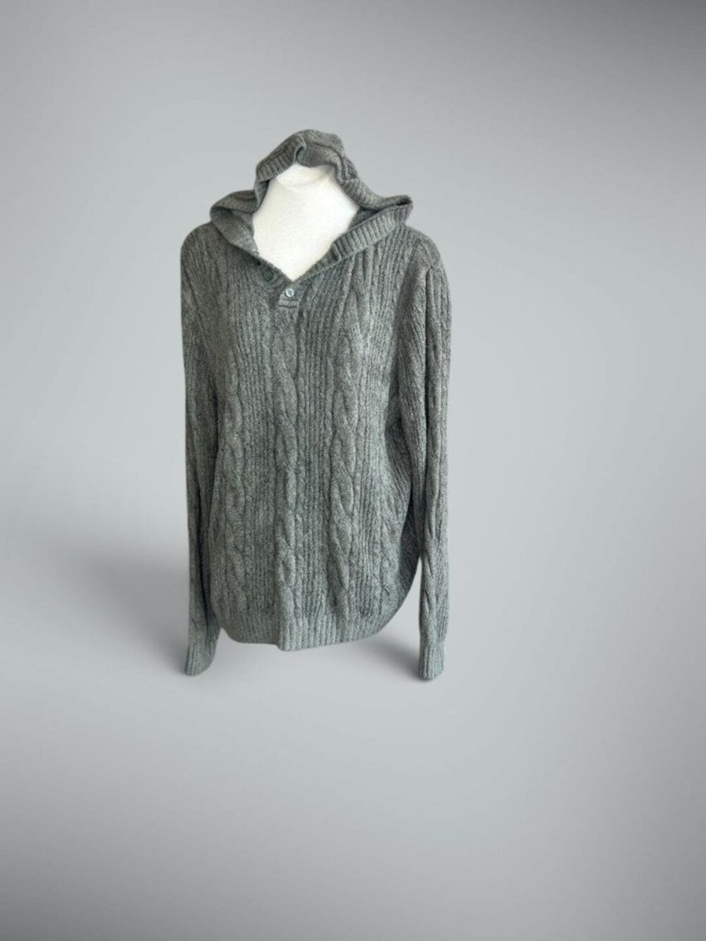 Barefoot Dreams CozyChic Lite Taupe Cableknit Hooded Pullover Sweater Size XL